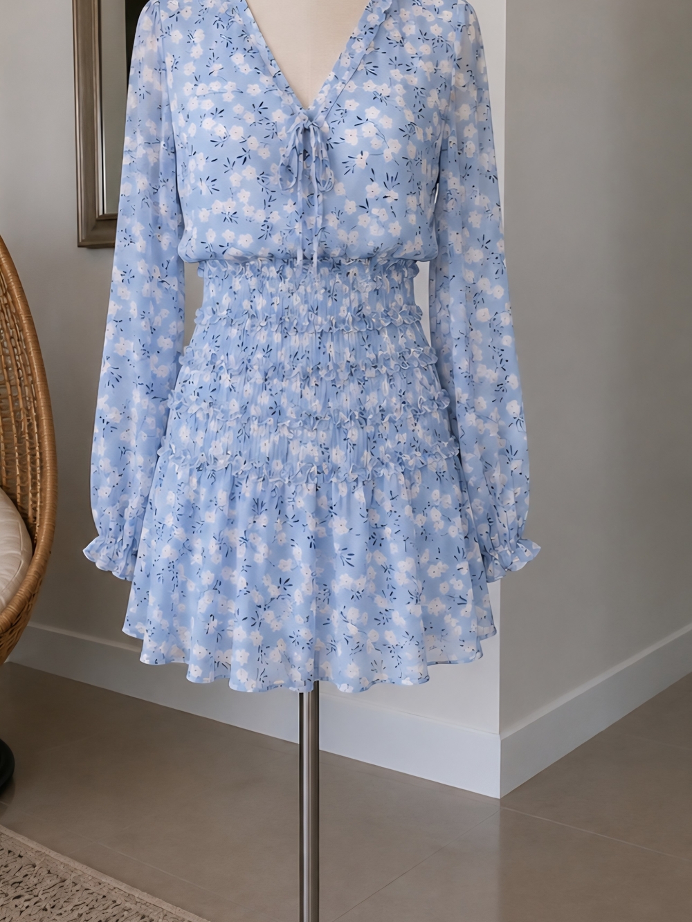 Light Blue Floral Smocked-Waist Long Sleeve Dress